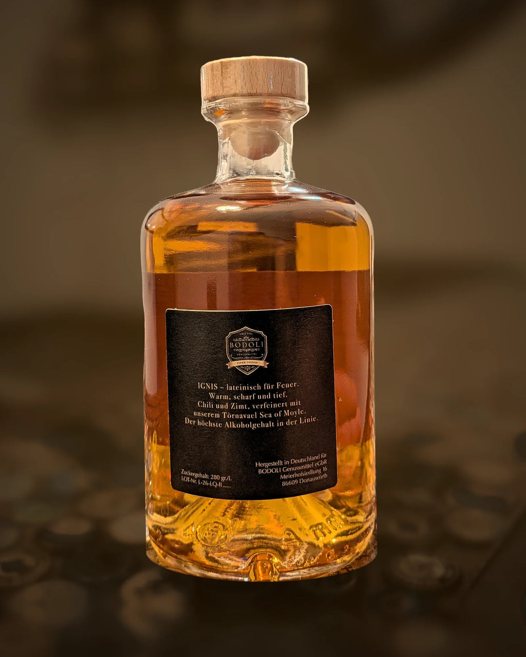 BODOLI IGNIS Chili-Zimt Liqueur – Rückseite mit Etikett