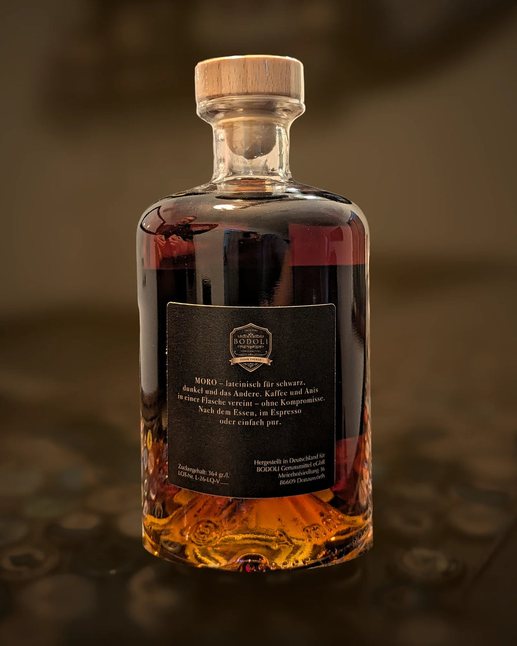 BODOLI MORO Kaffee-Anis Liqueur – Rückseite mit Etikett