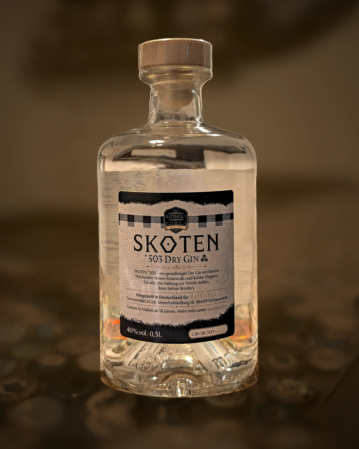 BODOLI SKOTEN°503 Dry Gin – Rückseite mit Etikett