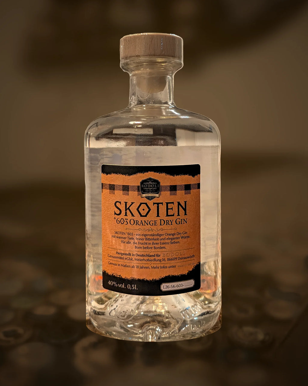 BODOLI SKOTEN°603 Orange Dry Gin – Rückseite mit Etikett
