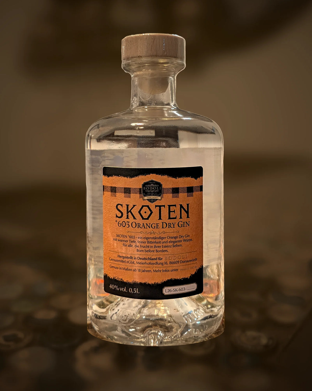 BODOLI SKOTEN°603 Orange Dry Gin – Rückseite mit Etikett